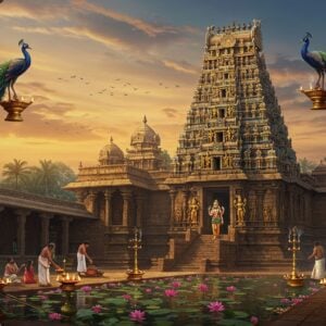 A majestic ancient South Indian temple with traditional Dravidian architecture rising against a mystical dawn sky, its gopuram adorned with intricate golden carvings and sculptures. Lord Vishnu as Thiruvazhmarban stands in the center, depicted in a serene standing pose with four arms - upper right hand holding the Sudarshana Chakra, upper left hand holding the conch shell, lower right hand in abhaya mudra, and lower left hand pointing downward. His form glows with divine blue aura and wears traditional temple jewelry and pitambaram. The temple courtyard features a sacred pond with blooming lotus flowers, their petals catching the golden morning light. Devotees in traditional attire perform archanai in the foreground. The scene is enhanced with floating diyas, smoke from camphor and incense creating ethereal swirls. The art style combines hyperrealistic digital rendering with traditional Tanjore painting elements, featuring rich colors of deep blues, burnished gold, and saffron. Ornate mandala patterns and peacocks frame the scene, while rays of divine light filter through temple pillars creating a mystical atmosphere. The overall composition emphasizes the temple's spiritual grandeur and timeless sanctity.