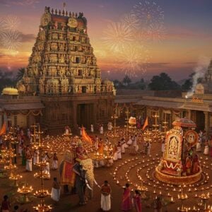 A majestic aerial view of Thiruvazhmarban Temple during festival time, illuminated by hundreds of traditional brass oil lamps and modern spotlights creating a golden ethereal glow. The grand temple gopuram adorned with intricate Dravidian architecture rises against a twilight sky filled with bursting fireworks in gold and purple. In the foreground, a procession of devotees in traditional South Indian attire carrying elaborate temple decorations and ceremonial parasols. The temple elephant, decorated with ornate golden headpiece and vibrant silk cloth, leads the procession while carrying the temple flag. Multiple tiers of brass lamp rows create concentric circles of light in the temple courtyard. The scene incorporates both traditional elements like banana leaves, coconuts, and flower garlands, alongside modern festival lighting. The overall composition follows the Pattachitra style with rich gold, deep maroon, and peacock blue colors, while maintaining a contemporary digital art finish. Soft glowing halos around the temple spires suggest divine presence. The atmosphere captures both grandeur and spiritual serenity with floating lotus petals and subtle smoke from camphor and incense.