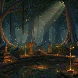 A mystical ancient sacred grove in South India at twilight, featuring towering ancient banyan trees with illuminated hanging roots, their trunks adorned with traditional vermillion and turmeric markings. In the foreground, a serene lotus pond reflects golden light, surrounded by traditional Tamil-style stone sculptures of serpent deities (Nagas). Ethereal glowing fireflies dance between the trees, creating patterns reminiscent of traditional kolam designs. The scene is bathed in a soft, supernatural light with rays filtering through the dense canopy, highlighting floating flower petals and incense smoke. Several peacocks with iridescent feathers perch on stone mandapams covered in moss and ancient Tamil inscriptions. Small oil lamps and traditional brass vilakkus illuminate the pathways. The art style combines hyperrealistic digital rendering with traditional Tanjore painting elements, featuring rich gold accents and deep jewel tones (emerald, sapphire, ruby). Delicate krishna butterflies flutter near medicinal herbs and sacred plants. The atmosphere captures both ecological sanctity and spiritual mysticism, with a subtle golden aura surrounding the entire grove.