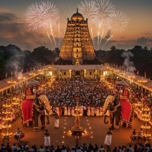 A grand aerial view of Thrissur Pooram festival at twilight, featuring the majestic Vadakkumnathan Temple in the center with its traditional Kerala architecture and golden-lit domes. Two magnificently decorated elephants adorned with nettipattam (golden headdresses) and elaborate parasols face each other in the foreground, surrounded by traditional Malayalam percussion artists playing thayambaka on chenda drums. The scene is illuminated by hundreds of traditional brass oil lamps and modern decorative lights, creating a magical blend of golden and warm hues. Intricate Madhubani-style patterns frame the scene, incorporating Kerala motifs like coconut palms and banana leaves. A spectacular fireworks display erupts in the background, painting the sky in vibrant colors. The atmosphere is enhanced by swirling smoke from incense, creating an ethereal effect. The crowd is depicted in a stylized manner showing a sea of people in traditional Kerala attire. The overall composition combines hyperrealistic elements with magical realism, emphasizing both the cultural grandeur and spiritual significance of the festival.