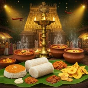 A bustling traditional Kerala marketplace scene with modern elements, centered around an ornate brass traditional Kerala-style lamp (vilakku). In the foreground, a beautifully arranged banana leaf features authentic Thrissur delicacies - golden-brown rice puttu, steaming hot idiyappam, spicy fish curry in earthen pots, and vibrant yellow banana chips. Modern food photography lighting illuminates the scene, creating appetizing highlights. The background shows a stylized interpretation of Thrissur Vadakkumnathan temple's architecture with golden hues. Indian people in modern attire are gathered around street food stalls with floating steam effects. Decorative Malayali motifs and patterns frame the scene, while subtle mandala patterns in deep maroon and gold add spiritual touches. The lighting is warm and inviting, with dramatic spotlights on the food items. The color palette includes deep forest greens, turmeric yellows, terracotta reds, and burnished gold. Hyperrealistic food details with artistic Malayalam architectural elements. The scene has a magical realism quality with floating spice particles creating a fragrant atmosphere.
