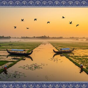 A breathtaking aerial view of the vast Thrissur Kole wetlands during golden sunset, with intricate Madhubani-style border patterns in deep blue and gold. The wetland's water surface reflects the sky in mirror-like clarity, creating a symmetrical masterpiece. Traditional Kerala fishing boats with curved ends, adorned with intricate Pattachitra-style designs, float gracefully. Migratory birds in flight formations, rendered in detailed Indian folk art style, soar across the scene. In the foreground, local farmers in traditional Kerala attire (mundu) tend to emerald green paddy fields. The landscape features water lilies and lotus flowers in soft pastels, while distant coconut palms create a silhouette against the orange-gold sky. Ethereal mist hovers over the water, enhanced by soft, glowing lights. The scene combines photorealistic elements with stylized Indian art patterns, creating a serene and mystical atmosphere. Rich details include egrets wading through shallow waters, kingfishers perched on bamboo stakes, and organic patterns of the wetland vegetation viewed from above.