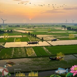 A stunning aerial view of the Thrissur Kole wetlands at golden hour, featuring vibrant green paddy fields arranged in intricate geometric patterns reminiscent of traditional Kolam designs. Migratory birds in V-formation soar across a dreamy sky painted in soft oranges and purples. Traditional Kerala fishing boats with distinctive curved edges float on reflective waters. In the foreground, detailed Madhubani-style illustrations of endangered wetland species - the Oriental Darter, Indian Spot-billed Duck, and native fish species swimming beneath. Sacred lotus flowers bloom along the edges, rendered in deep pink with golden highlights. Modern wind turbines in the distance symbolize sustainable development, their silhouettes merging with coconut palms. The scene is enhanced with ethereal mist, creating a mystical atmosphere. Digital elements include subtle data visualization patterns showing biodiversity metrics floating like golden threads across the landscape. Art style combines hyperrealistic photography with traditional Indian art elements, rendered in rich, deep colors of emerald, gold, and peacock blue, with intricate cultural patterns woven throughout the composition.