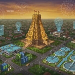 A futuristic aerial view of Thrissur city centered around the iconic Vadakkumnathan Temple, rendered in a blend of traditional Madhubani and modern digital art style. The temple glows with soft golden light against a backdrop of smart city infrastructure. Holographic displays showing civic services float above clean streets. The scene features efficient waste management systems with automated segregation units in vibrant peacock blue and emerald green. Modern water treatment plants with flowing patterns of pure blue water intertwined with traditional Kerala architectural elements. Solar panels shaped like lotus petals adorn building rooftops. The cityscape is dotted with lush green parks and vertical gardens. Smart street lights emanate a warm saffron glow. The composition includes intricate mandala patterns in the sky, representing organized civic planning. Clean roads with electric vehicles, and citizens engaged in community activities. The overall scene is rendered in rich, deep colors - gold, saffron, maroon, and peacock blue, with a slight ethereal glow emphasizing the fusion of tradition and modernity.