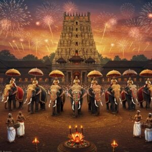 A majestic aerial view of Thrissur Vadakkumnathan Temple at dusk, with 15 adorned elephants in perfect formation carrying golden parasols (muthukuda) and peacock feather fans (alavattom). The temple's traditional Kerala architecture glows with warm golden lighting. In the foreground, two groups of traditional Panchavadyam musicians in cream-colored mundus and bare chests perform with authentic instruments. The sky features spectacular fireworks in gold, red, and blue, creating intricate patterns. The scene includes detailed crowds of devotees in traditional Kerala attire. The atmosphere is enhanced by floating lotus flowers, themed in gold and deep maroon, incorporating Madhubani-style patterns. The overall composition maintains a surreal, ethereal quality with a soft glowing haze around the temple structure. The scene captures both the grandeur and spiritual essence of the pooram, with intricate mandala patterns subtly woven into the sky. The color palette focuses on deep golds, saffron, peacock blue, and maroon, with the elephants' caparisons featuring authentic Kerala temple decoration patterns.