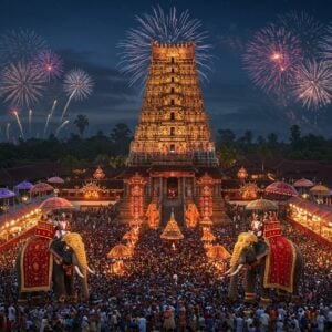 An aerial view of majestic Vadakkumnathan Temple at dusk with vibrant LED illuminations, surrounded by a massive crowd rendered in intricate Madhubani-style patterns. Two magnificent elephants in golden ceremonial attire face each other in the foreground, their caparisons detailed with traditional Kerala motifs in deep maroon and gold. Towering traditional silk parasols (muthukuda) in royal blue and crimson float above, creating a magical canopy. Multiple sets of 'kudamattam' (ornate parasol exchanges) captured in motion with dynamic energy. The scene includes detailed miniature stalls and exhibition spaces around the temple premises, rendered in modern digital art style with glowing lights and contemporary elements. Ethereal fireworks illuminate the night sky in peacock blue and gold, creating mandala-like patterns. The overall composition combines traditional Kerala architecture with modern festival elements, featuring warm golden lighting and a atmospheric perspective that draws viewers into the grandeur of the celebration.