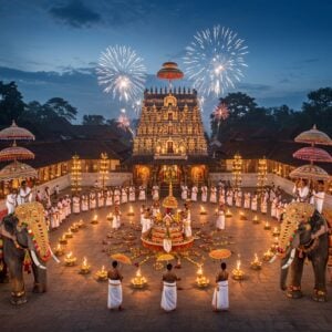 A majestic aerial view of Thrissur Vadakkunnathan Temple grounds during twilight, illuminated by thousands of traditional brass lamps and modern LED parasols in gold and saffron. Two magnificently adorned elephants stand face-to-face in the foreground, draped in intricate nettipattam with gold trimmings, holding ceremonial parasols. Between them, a spectacular display of traditional percussion instruments - chenda, edakka, and kombu arranged in a circular pattern. The scene features elaborate kudamattam (umbrella display) with 15 sequined parasols in vibrant colors being exchanged in perfect symmetry. Fireworks burst in the background, creating a shower of golden and silver sparkles against the deep blue Kerala sky. Multiple rows of intricate Panchavadyam performers in traditional white mundu and angavastram are visible in a semi-circle formation. The entire scene is rendered in a fusion of Madhubani and digital art style, with intricate patterns on the temple architecture highlighted in gold leaf effect. The lighting is dramatic with warm golden hues from the lamps contrasting with cool blue twilight sky, creating a mystical atmosphere. Detailed architectural elements of the temple with its traditional Kerala-style copper-roofed structure visible in the background.