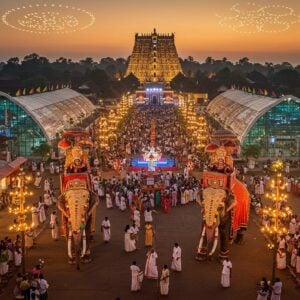 A majestic aerial view of the Thrissur Pooram exhibition grounds at dusk, illuminated by thousands of traditional Kerala-style brass lamps and modern LED installations creating intricate Malayalam motifs. In the foreground, two magnificently decorated elephants adorned with nettipattam (golden headdresses) and elaborate decorative umbrellas (muthukuda) in gold and royal blue. The Vadakkumnathan Temple's golden spires visible in the background, bathed in warm sunset light. The scene includes bustling crowds in traditional Kerala attire moving through modern, high-tech pavilions with curved glass facades reflecting golden hour light. Traditional handicraft stalls with vibrant kasavu mundus and colorful pottery contrast with sleek digital installations. Ornate parasols in various colors create a canopy effect. The composition features modern drone light shows forming traditional Kerala architectural patterns in the sky, while maintaining the cultural essence with Panchavadyam musicians performing in a contemporary stage setup. Art style merges traditional Keralan mural art techniques with modern digital aesthetics, emphasizing rich golds, deep reds, and elephant motifs, rendered in a photorealistic style with dramatic lighting and atmospheric depth.