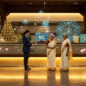 A modern, well-lit Indian government office interior with polished marble floors reflecting warm golden lighting, featuring a young Indian professional woman in formal business attire (navy blue blazer) helping an elderly couple in traditional Kerala attire (white mundu and cream saree) at a sleek glass counter. The backdrop shows a stylized digital representation of the iconic Vadakkumnathan Temple in gold line art, floating holograms displaying tax calculations in soft blue hues, and a detailed mandala pattern incorporating currency symbols and house icons in peacock blue and saffron colors. The scene is adorned with contemporary office elements merged with traditional Kerala architectural elements like wooden pillars with intricate carvings. Small floating lotus flowers in pastel pink emit a gentle glow around digital screens showing property layouts. The lighting creates a professional yet warm atmosphere with soft highlights on the glass surfaces and marble floors, while maintaining the traditional Thrissur architectural elements in the background. Photorealistic digital art style with subtle Madhubani pattern borders.