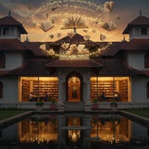 A majestic Indian-style library building with ornate Kerala architecture, featuring traditional red-tiled sloping roofs and white-washed walls, illuminated by warm golden sunlight. The entrance shows intricate wooden carved doors with brass fixtures. Through large arched windows, multiple rows of modern glass bookshelves are visible, glowing with soft ambient lighting. Young Indian students in modern casual wear are seen studying at sleek wooden tables. Floating above the building is a magical array of open books with glowing pages, creating a spiral pattern resembling a mandala. The books emit particles of golden light that form patterns of Malayalam scripts in the air. The foreground features a serene lotus pond reflecting the building, with contemporary stone pathways leading to the entrance. The scene combines Pattachitra-style decorative elements in the architectural details with modern digital art aesthetics. The color palette includes deep maroon, burnished gold, pristine white, and peaceful blue tones. Photorealistic digital art style with magical realism elements, 8k resolution, cinematic lighting.