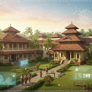 A grand aerial view of a majestic Indo-Saracenic style library building in Thrissur, with ornate Kerala architecture elements, surrounded by lush green palm trees and traditional Kerala-style landscaping. The building features a blend of traditional red-tiled roofing and modern glass facades, with intricate wooden carvings on the verandahs. A soft golden morning light bathes the scene, creating dramatic shadows. In the foreground, a group of diverse young Indian students in modern attire walk towards the entrance, carrying tablets and laptops alongside traditional books. The scene includes subtle future elements like holographic information displays and smart benches in the garden. The sky features a beautiful gradient of pastel blues and pinks, with delicate mandala patterns floating as translucent overlays. The overall composition employs Madhubani-inspired border patterns and modern digital art techniques, creating a harmonious blend of traditional and futuristic elements. The lighting is ethereal with soft lens flares and floating golden particles, suggesting both knowledge and spirituality.