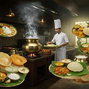 A bustling traditional Kerala kitchen scene with modern elements, centered around a large brass uruli on a polished granite counter. A contemporary Indian chef in crisp white attire and traditional tilak thoughtfully garnishes sadya dishes on vibrant banana leaves. Surrounding the scene are floating, ethereal representations of Thrissur's iconic dishes - golden-brown ela ada, glistening pearl-white paal payasam in brass vessels, and perfectly round unniappams. Modern sous vide machines and induction cooktops blend seamlessly with traditional bronze cookware. The background features a stylized geometric pattern inspired by the Thrissur Pooram parasols in deep gold and peacock blue. Soft mystical light streams through a modern window, casting intricate Madhubani-style patterns on the floor. The scene includes subtle elements of futuristic food technology - holographic recipe displays and automated spice dispensers. The color palette focuses on rich Kerala gold, deep maroon, forest green, and copper tones. The style merges hyperrealistic food photography with traditional Indian art patterns, creating a dreamy, ethereal quality. Smoke wisps from aromatic spices create mandala patterns in the air.