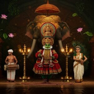 A mesmerizing scene of a traditional Kerala performance stage with intricate wooden architecture and brass temple lamps, illuminated by warm golden lights. In the center, a Kathakali performer in vibrant green and red attire, with elaborate makeup and crown, performs a dynamic mudra. To their right, a female Mohiniyattam dancer in pristine white and gold costume gracefully poses with flowing movements. To the left, three Thayambaka drummers in traditional white mundu with red sashes, playing on ornate chenda drums with intense expressions. Behind them, a massive golden temple elephant adorned with traditional nettipattam and decorative umbrellas stands majestically. The background features a stylized mandala pattern incorporating traditional Kerala mural art elements in deep maroon, forest green, and gold. Floating lotus flowers and peacock feathers frame the scene. The lighting creates dramatic shadows and highlights, with soft glowing orbs of light scattered throughout. The scene combines hyperrealistic details with ethereal, dreamlike quality, rendered in a style merging traditional Pattachitra art with modern digital aesthetics.