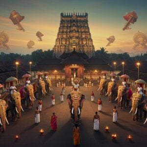 A stunning aerial view of Thrissur Pooram festival at twilight, featuring the majestic Vadakkumnathan Temple with its traditional Kerala architecture at the center, surrounded by a golden-hour sky. In the foreground, fifteen decorated elephants with intricate gold nettipattam stand in formation against vibrant silk parasols in red, gold, and blue. Modern high-rise buildings seamlessly blend with ancient architecture in the background. Traditional Kerala percussion instruments like chenda and edakka float ethereally in the air, creating a magical realism effect. Detailed mandala patterns emerge from temple lamps, while contemporary Indians in both traditional and modern attire walk through the scene. The lighting combines warm temple diyas with modern street lights, creating a mystical atmosphere. The scene includes delicate Madhubani-style border patterns featuring Kerala motifs like coconut palms and elephant motifs. Art style merges hyperrealistic digital art with traditional Indian Pattachitra techniques, emphasizing rich gold, deep maroon, and peaceful blue tones. The composition should have a cinematic wide-angle perspective with atmospheric depth.