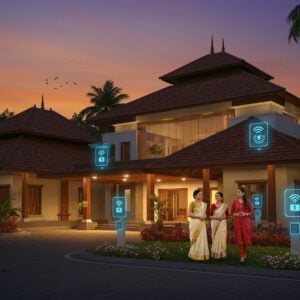 A modern architectural marvel in Kerala style, illuminated at dusk with warm golden lights, featuring a grand entrance with traditional Kerala lamp posts and contemporary security systems seamlessly integrated. The building showcases a fusion of traditional Kerala architecture with modern glass and steel elements, surrounded by lush tropical gardens. In the foreground, three confident Indian women professionals in modern business attire mixed with Kerala traditional elements (one in cream Kerala saree with golden border, one in professional pantsuit with traditional jewelry, one in modern kurta) are walking towards the entrance. The scene is enhanced by subtle security features like smart cameras and biometric systems depicted through glowing blue interface panels. The atmosphere combines warm Malayalam architectural elements like sloped terracotta roofs and wooden pillars with futuristic lighting and security installations. Soft purple and orange sunset sky in background with coconut trees silhouetted. The overall composition emphasizes safety, empowerment and progress through a blend of tradition and technology, rendered in a modern digital art style with rich, deep colors and clean lines.