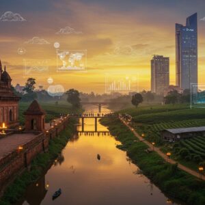 A stunning panoramic view of Tinsukia's cityscape at golden hour, featuring ancient temples with intricate Madhubani-style patterns merging seamlessly with modern glass skyscrapers. In the foreground, a young Indian woman in a contemporary fusion outfit (designer kurti with pants) holds a traditional Assamese brass lamp while standing on a bridge that's half traditional brick architecture, half modern steel structure. The Brahmaputra River flows beneath, reflecting both old and new elements. Tea gardens stretch into the distance, their geometric patterns creating a beautiful contrast with the urban landscape. Floating digital holograms displaying trade statistics hover above traditional tea processing units. The sky features warm oranges and deep purples, with stylized clouds in Pattachitra art style. Traditional motifs like bamboo groves and one-horned rhinoceros are subtly integrated into the modern architectural elements. The scene is illuminated by both traditional oil lamps and modern LED lights, creating a magical atmosphere. The overall composition follows the serene Poojn aesthetic with a rich color palette of deep maroon, gold, and peacock blue, while maintaining a futuristic edge.