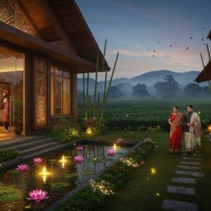 A luxurious modern boutique hotel facade in Tinsukia with traditional Assamese architectural elements, featuring bamboo and orchid decorations. The building combines glass and sustainable materials with intricate Assamese motifs carved into wooden panels. A serene tea garden stretches in the background with misty Patkai hills. The foreground shows a welcoming entrance with floating lotus flowers in a contemporary water feature, illuminated by warm golden lights. An elegant Indian couple in modern attire admires the scene while a staff member in traditional Mekhela Chador welcomes them. Traditional brass lamps blend with modern lighting fixtures, creating a warm ambiance. Traditional gamochas are artistically draped as decorative elements. The scene is rendered in rich, deep colors like maroon, gold, and peacock blue, with modern digital art style incorporating Madhubani-inspired patterns in architectural details. Soft evening lighting creates a magical atmosphere with fireflies dotting the garden. The overall composition suggests luxury while maintaining cultural authenticity.
