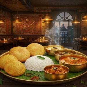 A bustling Indian restaurant interior with warm golden lighting, featuring a traditional Assamese brass tal-paat (banana leaf platter) in the foreground filled with vibrant dishes - golden luchis, deep red Assamese fish curry, white steamed rice, and fresh green herbs. Behind it, an elegant modern dining space with brass pendant lights, exposed brick walls adorned with traditional Assamese gamochas in red and white patterns. A large ornate window shows Tinsukia's cityscape at dusk. Steam rises artistically from the dishes, creating a gossamer effect. The scene is rendered in a fusion of Madhubani art style with modern digital aesthetics, using rich colors like deep maroon, saffron, and peacock blue. Traditional motifs like lotus patterns are subtly woven into the restaurant's decor. The lighting creates a warm, inviting ambiance with soft glows highlighting the food's textures. The composition includes delicate details like brass utensils, fresh curry leaves, and aromatic spices scattered artistically around the main platter, hyperrealistic food photography style with magical realism elements.