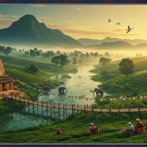 A breathtaking panoramic view of Tinsukia's landscape at golden hour, featuring the majestic Dibru Saikhowa National Park in the background with wild horses galloping across verdant grasslands. In the foreground, a traditional Assamese bamboo bridge stretches over crystal-clear waters of the Dibru river, adorned with colorful prayer flags. The scene includes a detailed temple architecture of Tilinga Mandir with intricate Madhubani-style patterns in gold and deep maroon. Feral elephants wade through water lilies while rare white-winged wood ducks soar overhead. Tea gardens cascade down rolling hills in geometric patterns, with workers in traditional Assamese attire plucking tea leaves. The lighting is ethereal with soft golden rays filtering through morning mist, creating a mystical atmosphere. The composition features rich, deep colors of emerald green, royal blue, and golden orange, with detailed patterns inspired by traditional Assamese motifs. The art style combines hyperrealistic digital rendering with traditional Indian artistic elements, featuring ornate borders and mandala-inspired design elements in the corners. The overall mood is serene yet majestic, highlighting both natural beauty and cultural heritage.
