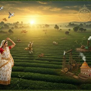 A panoramic view of Tinsukia's iconic tea gardens at golden hour, with rows of lush green tea bushes extending into the horizon. In the foreground, an elegantly dressed Assamese woman in traditional mekhela chador (white and gold) performs the graceful Bihu dance. The scene transitions into a ethereal marketplace showing ancient trade routes with vintage steam engines and tea processing equipment. Traditional Assamese motifs and patterns float in the air like golden threads. The background features the majestic Dibru Saikhowa National Park with wild horses and endangered white-winged wood ducks in flight. The composition includes intricate Madhubani-style border patterns featuring tea leaves, oil derricks representing the oil industry, and local flowers. The lighting is warm and mystical, with rays of sunlight filtering through morning mist over the tea gardens. The color palette combines deep greens, golden yellows, and rich earth tones. The art style merges traditional Indian miniature painting techniques with modern digital art, creating a surreal yet culturally authentic atmosphere.