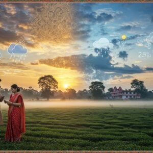 A serene panoramic view of Tinsukia's lush landscape during sunrise, featuring traditional Assamese architecture blending with modern buildings in the background. A young Indian couple in contemporary fusion wear (man in modern kurta, woman in designer mekhela sador) checking their smart devices displaying weather information through holographic projections. The sky shows dynamic weather patterns - one half with monsoon clouds and scattered rain, the other half with clear blue skies and sunshine, separated by a ethereal golden mandala pattern. The foreground showcases vibrant Assamese tea gardens with morning mist, while floating digital weather icons in deep saffron and peacock blue hover aesthetically. Traditional Madhubani-style borders frame the scene, incorporating modern weather symbols within ancient patterns. The lighting is magical with golden hour glow, creating a dreamlike atmosphere with soft pastel highlights and deep maroon shadows. Intricate lotus patterns in the clouds subtly form temperature and rainfall graphs. Hyperrealistic digital art style with photographic details merged with traditional Indian art elements.