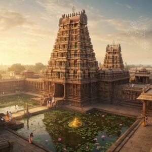 A majestic aerial view of Tiru Parameswara Vinnagaram Temple during golden hour, with intricate Dravidian architecture rendered in traditional Madhubani art style fused with modern digital aesthetics. The main temple tower rises prominently, decorated with detailed sculptures and stepped vimanas in warm saffron and deep maroon colors. The foreground features a large ornate temple pond with blooming lotus flowers, their petals rendered in peacock blue and gold. Ethereal light rays filter through morning mist, creating a mystical atmosphere. Small groups of devotees in traditional Tamil attire circumambulate the temple. The scene includes detailed architectural elements like mandapas, gopurams, and stone pillars with intricate carvings, all enhanced by subtle golden glows and soft pastel highlights. The composition includes symbolic elements like mandalas and sacred geometry patterns floating in the sky, creating a surreal, spiritual atmosphere. The overall scene balances historical accuracy with a contemporary artistic vision, rendered in high detail with photorealistic texturing and atmospheric lighting.