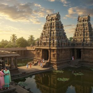 A majestic aerial view of Tiruvelukkai temple complex at golden hour, featuring the main Vishnu temple with traditional Dravidian architecture and towering gopurams adorned with intricate sculptures. In the foreground, a young Indian couple in modern casual wear (man in crisp white shirt and pants, woman in pastel salwar kameez) consulting a digital map on a tablet. The scene is surrounded by ancient stone mandapams with detailed pillars, reflecting pools with floating lotus flowers, and palm trees swaying in the breeze. Soft ethereal light filtering through clouds creates dramatic shadows on the temple structures. The color palette combines deep maroons, gold leaf highlights, and peacock blues with modern pastel tones. Small groups of pilgrims in traditional attire can be seen performing pradakshina around the temple. Incorporates elements of Madhubani art in the sky with stylized sun and clouds, while maintaining photorealistic architecture details. The overall composition suggests a harmonious blend of ancient spirituality and modern tourism.