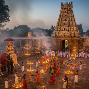 A grand aerial view of the ancient Tiruvelukkai temple complex at twilight, illuminated by thousands of traditional brass oil lamps and modern decorative lights. The main temple gopuram rises majestically, adorned with intricate Dravidian architecture in gold and saffron hues. In the foreground, a vibrant festival procession featuring elegantly decorated temple elephants wearing traditional temple jewelry and silk vestments, carrying ceremonial umbrellas. Devotees in traditional South Indian attire (men in white veshtis and women in silk sarees) perform ritualistic dances with colorful parasols. The scene includes multiple layers of decorative elements: hanging jasmine garlands, banana leaves, and coconut fronds. Smoke from ceremonial fires creates a mystical atmosphere, with rays of golden light breaking through. The composition includes traditional kolam patterns drawn with rice flour leading to the temple entrance. The overall aesthetic combines traditional Pattachitra art style with modern digital rendering, featuring deep peacock blues, burnished golds, and rich maroons. Floating diyas on nearby temple tanks reflect the lights, creating a mirror-like effect. The scene captures both the grandeur of ancient traditions and the vibrancy of modern celebrations.