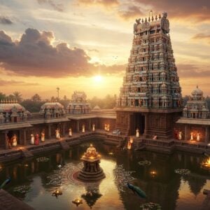 A majestic aerial view of Tiruvelukkai Temple during golden hour, featuring its distinct Dravidian architecture with intricately carved gopurams decorated in vibrant colors of red, gold, and white. The main tower rises dramatically against a mystical sky filled with soft pink and orange clouds. In the foreground, detailed stone sculptures of divine beings and mythological creatures come alive with a subtle ethereal glow. A serene water tank reflects the temple's grandeur, with floating lotus flowers creating circular ripples. The temple grounds show elaborate mandala patterns in traditional kolam designs. The scene is enhanced by rays of divine light streaming through clouds, illuminating the temple's ancient stones. The art style combines hyperrealistic architectural details with magical surreal elements, featuring a color palette of deep maroons, burnt oranges, and celestial golds. Small groups of devotees in traditional Tamil attire can be seen performing pradakshina around the temple, their forms creating graceful silhouettes. Intricate Pallava-style stone carvings are highlighted with warm, dramatic lighting, while peacocks roam the temple courtyard, adding life to the sacred atmosphere.