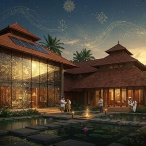 A stunning modern glass and steel architectural masterpiece seamlessly blending with traditional Kerala architecture, featuring sloped terracotta-tiled roofs and wooden elements, set against a lush tropical backdrop. The building's facade shows intricate Madhubani-style patterns etched in glass. In the foreground, young Indian architecture students in professional attire study blueprints on digital tablets. The scene is illuminated by warm golden sunlight filtering through coconut palms, creating dramatic shadows. A beautiful courtyard features a contemporary interpretation of a traditional Kerala pond with lotus flowers and sleek geometric stepping stones. The color palette combines deep teals, warm woods, and burnished gold accents. Floating mandalas and sacred geometry patterns overlay the scene in a subtle, ethereal manner. The architectural elements show both ancient wisdom and futuristic innovation, with solar panels seamlessly integrated into the traditional roof design. The composition includes detailed architectural drawings flowing through the air like magical scrolls, rendered in gold lines against the deep blue sky. Hyperrealistic rendering with magical realism elements, cinematic lighting, ultra-detailed, architectural visualization quality.