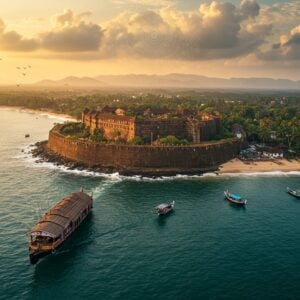 A stunning aerial view of Bekal Fort at golden sunset, its massive octagonal fortress rising dramatically from the Arabian Sea coastline, with pristine palm-fringed beaches stretching into the distance. The fort's laterite stone walls glow in warm orange hues, while crystal-clear waters crash against its base. In the foreground, a traditional Kerala-style wooden houseboat adorned with intricate Madhubani-inspired patterns glides through backwaters lined with coconut palms. The scene features the majestic Ranipuram hills in the background, covered in misty emerald forests. Ethereal golden light filters through clouds, creating a magical atmosphere. The composition includes detailed elements of Kerala architecture, including traditional tiled roofs and ornate wooden carvings. Small fishing boats with colorful flags dot the shoreline, while migratory birds soar overhead. The scene is rendered in a style blending photorealistic details with mystical Indian art elements, featuring rich colors of deep blue waters, emerald greens, and golden sunlight, with subtle mandala patterns in the sky.