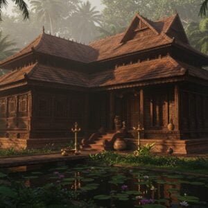 A majestic Kerala Nalukettu mansion viewed from a dramatic three-quarter angle, featuring intricate teak wood construction and sloping terracotta tiled roof with ornate ridge decorations. The central courtyard (nadumuttam) is partially visible, filled with traditional brass oil lamps and banana plants. The structure is surrounded by coconut palms and tropical foliage in deep emerald greens. The mansion's verandah showcases detailed wooden carvings of lotus motifs and elephants, with traditional Kerala-style carved pillars. A small pond with blooming water lilies reflects the golden morning light. The scene combines Madhubani-style decorative patterns in the architectural details with modern digital art techniques. The lighting is ethereal with soft morning mist, creating a mystical atmosphere. The color palette includes deep browns of aged wood, terracotta reds, forest greens, and touches of gold. Kerala-style brass uruli vessels and traditional door frames with intricate metalwork add authentic cultural elements. Hyperrealistic render with atmospheric lighting, photorealistic textures, and cinematic composition.