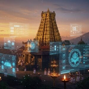 A majestic digital rendering of the iconic Sabarimala temple complex nestled in the Western Ghats, with its golden spire illuminated against a mystical dawn sky in soft oranges and purples. The temple architecture features intricate Kerala-style details with modern holographic interfaces floating around it. Translucent, glowing screens displaying various e-services float in the foreground, each emitting a soft blue digital aura. Traditional oil lamps (nilavilakku) seamlessly blend with modern touch interfaces. The scene includes devotees in traditional black attire using modern tablets and smartphones for their temple services. Sacred peacock feathers and lotus motifs frame the composition. The art style combines traditional Keralan mural art patterns with sleek, modern digital aesthetics, featuring a color palette of deep gold, sacred vermillion, and ethereal blue. Ethereal light particles and sacred geometric patterns float in the air, creating a bridge between ancient tradition and modern technology. The scene is rendered in high-detail digital art style with atmospheric lighting and subtle lens flares.