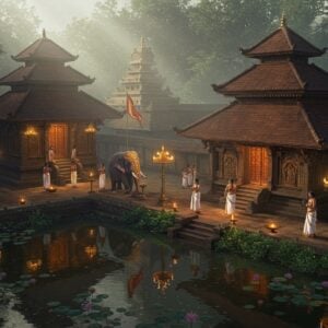 A majestic aerial view of an ornate Kerala-style temple complex with traditional copper-plated pyramidal roofs and golden kodimaram (flagstaff) emerging through misty morning light. In the foreground, a serene water body reflects the temple structure, surrounded by blooming lotus flowers. The temple architecture features intricate wooden carvings and brass-laden doors in traditional Kerala style. Multiple oil lamps illuminate the temple premises, creating a divine golden glow. Traditional Kerala elephants adorned with ceremonial decorations stand majestically near the temple entrance. The scene is enhanced with flowing silk flags in red and gold, gentle incense smoke creating ethereal patterns, and devotees in traditional Kerala attire (white and gold kasavu) performing pradakshina (circumambulation). The color palette focuses on deep browns, burnished gold, and forest greens typical of Kerala temple architecture. The lighting creates a mystical atmosphere with rays of sunlight filtering through the morning mist, highlighting the intricate details of the temple architecture. Art style combines traditional Kerala mural art elements with modern digital rendering, creating a hyper-realistic yet spiritually evocative scene.
