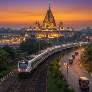 A stunning aerial view of Agartala city at dusk, with the majestic Ujjayanta Palace illuminated in soft golden lights against a gradient sky of deep purple and orange. In the foreground, a modern electric train adorned with traditional Tripuri motifs glides across a curved track. The composition includes a sleek airport terminal with a landing aircraft on one side, while traditional auto-rickshaws decorated with vibrant Bengali patterns cruise along well-lit streets. The scene is framed by lush green foliage and palm trees typical of Tripura. The art style combines hyperrealistic architectural details with ethereal lighting effects, featuring a color palette of royal blues, warm golds, and deep greens. Traditional Tripuri tribal patterns and motifs are subtly woven into modern infrastructure elements. The overall scene has a dreamy, cinematic quality with lens flares and atmospheric haze, suggesting both modernization and cultural preservation. The lighting creates a magical golden hour effect, with street lights beginning to twinkle as day transitions to evening.