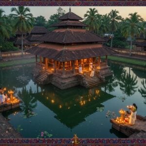 A majestic aerial view of an ancient Kerala-style temple pond with traditional granite steps descending into crystal-clear waters, surrounded by tall coconut palms. The temple architecture features traditional Kerala-style copper-plated roof and intricate wooden carvings. A beautiful evening scene with golden hour lighting reflecting off the water surface, creating mirror-like reflections of the temple structure. In the foreground, devotees in traditional Kerala attire (men in white mundus and women in cream kasavu sarees) performing evening rituals with lit brass lamps. Sacred lotus flowers float on the pond's surface, emanating a subtle divine glow. The scene incorporates Madhubani-style decorative elements around the edges, featuring peacocks, elephants, and divine motifs in deep indigo, gold, and maroon. Atmospheric mist hovers just above the water surface, creating a mystical ambiance. The temple's intricate architectural details are highlighted by warm, spiritual golden light, while the water reflects a deep, royal blue color. Digital art style merging photorealistic textures with traditional Indian art patterns, emphasizing both historical authenticity and spiritual atmosphere.