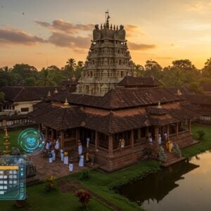 A majestic aerial view of Trichambaram Temple during golden hour, with its distinctive Kerala-style architecture featuring steep sloping roofs with copper sheets and golden finials. The temple's main shrine dedicated to Lord Krishna is prominently featured, rendered in photorealistic detail with traditional red laterite stone walls. Multiple devotees in traditional Kerala attire (men in white mundu, women in Kerala sarees) are seen using smartphones and tablets near the temple entrance, suggesting modern connectivity. A subtle, holographic interface floats in the foreground showing calendar dates and booking symbols, rendered in luminescent blue and gold. The scene is enhanced with traditional Kerala temple elements like brass lamp rows (vilakku), elephant sculptures, and temple pond reflecting the sunset. Intricate Madhubani-style patterns frame the scene, incorporating modern geometric designs and subtle tech-inspired motifs. The lighting creates a dramatic interplay of shadow and light on the temple structure, with soft golden rays filtering through coconut palms. The atmosphere combines divine serenity with contemporary accessibility, rendered in a style merging traditional Kerala mural art with modern digital aesthetics.