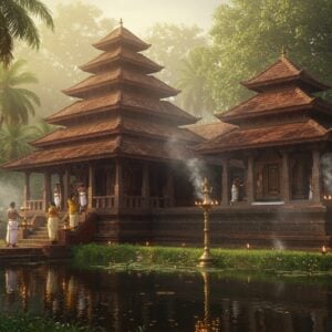 An ancient Kerala-style temple with distinctive copper-plated roof tiers and golden kalasam, illuminated by warm morning sunlight. The Trichambaram temple's ornate architecture features intricate wooden carvings of mythological scenes and brass-clad pillars. In the foreground, a serene lotus pond reflects the temple's magnificent structure. Devotees in traditional Kerala attire (men in white mundu, women in cream kasavu sarees with gold borders) are seen ascending the stone steps. Smoke from ritual lamps creates a mystical atmosphere, with rays of light filtering through. Traditional Kerala-style brass vilakku (lamps) line the pathway, their flames creating a golden glow. The scene is framed by coconut palms and flowering champa trees. The color palette emphasizes deep reds, burnished golds, and rich browns typical of Kerala temple architecture. Art style combines traditional Pattachitra techniques with modern digital aesthetics, maintaining photo-realistic architectural details while adding a subtle ethereal quality to the lighting and atmosphere. The scene captures both the spiritual significance and architectural grandeur of the temple with a dreamy, cinematic quality.