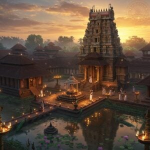A majestic aerial view of the Trichambaram Temple during sunrise, with golden rays illuminating its traditional Kerala-style architecture, featuring multiple copper-plated pyramidal roofs and intricate wooden carvings. The central shrine dedicated to Lord Krishna stands prominently, surrounded by blooming lotus ponds and ancient banyan trees. In the foreground, detailed Madhubani-style patterns merge with the temple's reflection in the sacred pool. The scene includes devotees in traditional Kerala attire performing morning rituals with oil lamps, their forms creating graceful silhouettes against the temple's backdrop. Soft mist surrounds the temple complex, creating an ethereal atmosphere. The color palette combines deep maroons, burnished golds, and peaceful blues, with intricate details of traditional Kerala mural art style adorning the temple walls. Traditional brass temple lamps cast a warm glow, while peacocks roam the temple grounds. The composition captures both the architectural grandeur and spiritual essence, with subtle mandala patterns in the sky suggesting divine presence. Hyperrealistic digital art style with attention to architectural details and atmospheric lighting.