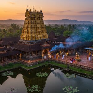 A majestic aerial view of Trichambaram Temple complex in Kerala style architecture, with its distinctive golden-peaked roof shimmering in warm sunset light, surrounded by lush coconut groves. The temple's ornate traditional Kerala architecture features intricate wooden carvings and copper-plated roofs in Madhubani art style. In the foreground, a serene temple pond reflects the structure like a mirror, with blooming pink lotus flowers. The scene includes devotees in traditional Kerala attire walking through the temple courtyard. Mystical blue smoke from temple lamps swirls in the air, creating ethereal patterns. The background showcases the green Western Ghats mountains fading into a dreamy purple horizon. Digital art style merges photorealistic architecture with surreal lighting effects, featuring a color palette of deep gold, forest green, copper red, and peaceful blue tones. The atmosphere captures both the spiritual significance and architectural grandeur with soft glowing halos around the temple spires and subtle mandala patterns in the sky.