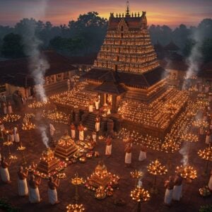A majestic aerial view of the Trichambaram Temple during twilight, illuminated by thousands of traditional brass oil lamps creating a golden glow. The distinctive Kerala-style temple architecture features copper-plated roofs with intricate wooden carvings, surrounded by concentric circles of lit deepams. In the foreground, traditionally dressed Kerala temple priests in cream mundus and bare-chested with sacred threads perform an elaborate puja with gleaming golden vessels. Devotees in traditional Kerala attire circumambulate the temple holding brass lamps. The sacred theevetti (temple fire) creates dramatic lighting, casting mystical shadows. Towering temple elephants adorned with golden nettipattam and colorful umbrellas stand majestically near the temple entrance. The scene includes delicate smoke trails from ritual fires, with the ethereal atmosphere enhanced by floating lotus flowers and marigold petals. Art style combines hyperrealistic digital rendering with traditional Kerala mural art elements, featuring rich colors like deep maroon, gold, and forest green. The overall composition creates a cinematic, spiritually charged atmosphere with magical realism.