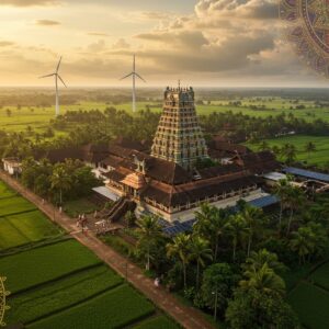 A stunning aerial view of the Trikarpur Sri Krishna Temple at golden hour, with its traditional Kerala architecture featuring copper-plated roofs gleaming in sunlight. The temple is surrounded by lush coconut groves and paddy fields, creating a vibrant green landscape. In the foreground, modern solar panels and wind turbines blend harmoniously with the traditional setting. A detailed mandala pattern frames the scene, incorporating traditional Kerala mural art elements in rich colors of gold, deep red, and forest green. Soft, ethereal light filters through clouds, creating a mystical atmosphere. Small groups of locals in traditional Kerala attire are seen walking on well-maintained pathways. The scene includes subtle futuristic elements like smart street lights and eco-friendly infrastructure, while maintaining the spiritual and cultural essence. Art style combines hyper-realistic digital photography with traditional Kerala mural art techniques, featuring intricate patterns and cultural motifs. The overall composition suggests a perfect blend of heritage and sustainable development, with a dreamy, cinematic quality.