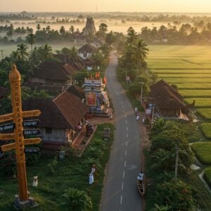 A serene aerial view of Trikarpur village at golden hour, featuring traditional Kerala-style houses with sloped terracotta roofs amidst lush coconut groves and paddy fields. In the foreground, a detailed carved wooden mile marker post in traditional Malayali design displays intricate distance markings. The scene includes the iconic Trikarpur Sri Krishna Temple with its traditional Kerala architecture, golden flag post, and decorated elephants. A winding road connects various landmarks, including the local post office with subtle Malayalam architecture. The lighting creates long shadows and warm golden hues across the landscape. Small boats dot the nearby backwaters, reflecting the evening sun. The art style combines photorealistic details with traditional Kerala mural art elements, featuring rich colors like deep greens, burnt orange, and gold. Ethereal mist rises from the backwaters, creating a mystical atmosphere. The composition includes small groups of locals in traditional Kerala attire going about their daily activities, giving scale and life to the scene. The overall mood is peaceful and inviting, with a subtle modern touch in the infrastructure elements.