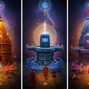 A mystical triptych composition showing three ancient Shiva temples of Trilinga Kshetras - Kashi Vishwanath, Mallikarjuna, and Bhimashankar - arranged in a triangular formation, connected by glowing golden sacred threads. Each temple emerges from a lotus base with intricate Madhubani-style patterns. The central focus shows three ornate crystal Shiva lingams radiating divine light in shades of deep blue, saffron, and gold. Floating mandalas and yantra patterns surround each temple. The scene features modern Indian pilgrims in contemporary clothing walking on illuminated pathways between the temples. The background shows a cosmic spiritual realm with swirling galaxies in peacock blue and deep purple. Sacred elements like rudraksha beads, temple bells, and floating lotus flowers add depth. The lighting is ethereal with soft golden rays emerging from behind the temples. The art style combines traditional Pattachitra techniques with modern digital art aesthetics, creating a surreal yet culturally authentic atmosphere. Photorealistic details in the architecture with magical elements like glowing Sanskrit symbols and floating diyas around the temples.