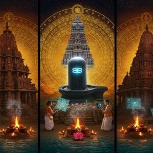 A magnificent triptych composition showcasing three ancient Shiva temples of Trilinga Kshetras - Kashi, Kaleshwaram, and Draksharamam - emerging from a cosmic golden mandala background. Each temple features distinct Dravidian architecture with intricate stone carvings and towering gopurams. The central focus is a massive crystal Shiva Lingam emanating ethereal blue light, surrounded by floating lotus flowers and sacred Bilva leaves. Modern Indian conservation experts in traditional attire (kurta-dhoti) are shown using advanced holographic technology to document and preserve the ancient structures. The scene is illuminated by both traditional oil lamps and modern LED preservation equipment, creating a harmonious blend of ancient and contemporary elements. The color palette combines deep maroons, saffron, and turquoise with modern metallic accents. Artistic style merges Pattachitra's intricate detailing with contemporary digital art techniques. Sacred geometry patterns and yantra designs float in the background. Mystical smoke from ceremonial fires curves through the scene, while water from the Ganges, Godavari, and Krishna rivers flows symbolically at the base. The overall composition suggests both timeless spirituality and modern preservation efforts.