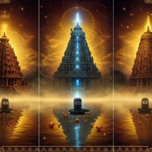 A majestic triptych composition showcasing three ancient Shiva temples of Trilinga Kshetras - Kashi, Kaleshwaram, and Draksharamam - emerging from a mystical golden mist. Each temple features distinct Nagara-style architecture with intricate carvings and towering spires. The central temple glows with ethereal blue light, while ornate mandalas float in the background. The scene is rendered in rich colors of deep maroon, saffron, and peacock blue. Traditional Madhubani-style patterns frame the temples, incorporating sacred geometrical designs and lotus motifs. The foreground shows a reflective pool with floating diyas, creating mirror images of the temples. Swirling energy patterns and subtle golden threads connect the three temples, symbolizing their spiritual connection. The sky features a cosmic arrangement of stars and subtle Shiva-lingam silhouettes. The lighting is dramatic with divine rays piercing through clouds, illuminating the architectural details. The scene blends photorealistic temple architecture with surreal mystical elements in a digital art style, maintaining historical accuracy while adding spiritual ambiance.