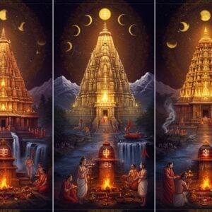 A grand triptych composition showing three luminous Shiva temples of Trilinga Kshetras - Kashi Vishwanath, Kaleshwara, and Srisailam - arranged in a triangular formation against a cosmic background with swirling golden mandalas. Each temple glows with divine light, surrounded by intricate Madhubani-style patterns in deep indigo and saffron. Devotees in traditional Indian attire perform ritual ceremonies with gleaming brass lamps and flower offerings. Crystal-clear waterfalls and sacred rivers flow between the temples, creating mystical connections. The scene is illuminated by multiple moons in different phases, casting an ethereal glow. Sacred Mount Kailash appears as a translucent overlay in the background. Floating lotus flowers, rudraksha beads, and vibhuti patterns add spiritual elements. The composition features a harmonious blend of architectural grandeur and spiritual symbolism, with smoke from sacred fires creating mesmerizing patterns. Art style combines hyperrealistic temple architecture with surreal spiritual elements, rendered in rich colors of deep maroon, gold, and peacock blue, with subtle glowing effects throughout.