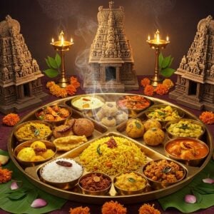 A grand traditional Indian thali placed on an ornate brass plate, divided into three distinct sections forming a triangular mandala pattern. Each section represents the sacred foods of Srisailam, Draksharamam, and Kaleswaram. Rich, aromatic dishes like temple prasadam, traditional sweets, and sacred offerings arranged artistically with vibrant colors - saffron rice, golden lentils, crimson curries. Steam rising ethereally from the dishes, creating a mystical atmosphere. The thali is surrounded by three intricately carved stone temples in miniature, each glowing with a divine aura in shades of gold and amber. Floating lotus petals and traditional Madhubani-style decorative elements frame the scene. The lighting is warm and inviting, with soft rays filtering through as if blessed by the divine. The background features subtle mandala patterns in peacock blue and deep maroon. Traditional banana leaves accent the corners, with marigold flowers and tulsi leaves scattered artistically. Style combines hyperrealistic food photography with mystical Indian art elements in 4K resolution.