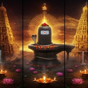 A majestic triptych composition showcasing three ornate ancient Shiva temples - Srikalahasti, Srisailam, and Draksharamam - arranged in a triangular formation against a cosmic backdrop. Each temple radiates divine golden light and is surrounded by intricate Madhubani-style patterns. In the center, a large, ethereal Shiva lingam made of crystal emanates blue-white energy. The lingam is adorned with traditional bilva leaves, flowers, and a snake coiled around it. The scene features floating lotuses, glowing mandalas, and sacred geometry patterns in deep maroon and saffron hues. Mystical smoke wisps form the three sacred rivers - Godavari, Krishna, and Penna - flowing between the temples. The atmosphere is enhanced with floating diyas, spiritual symbols, and subtle hints of traditional Andhra architecture. The art style combines hyperrealistic digital rendering with traditional Indian art elements, creating a serene yet powerful visual. The lighting is dramatic with golden hour warmth, emphasizing the spiritual ambiance. 8k resolution, highly detailed, cinematic lighting.