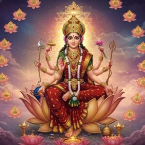A luminous manifestation of Goddess Tripura Sundari seated on a golden lotus throne, dressed in a deep crimson silk saree with intricate gold zari work. She has four arms, holding a noose, goad, sugarcane bow, and flowering arrows. Her face radiates divine beauty with almond-shaped eyes, tilak, and a gentle smile. She wears a crown studded with navratnas, and her long black hair flows with celestial flowers. Behind her, a large Sri Yantra glows in shimmering gold and pink light. The background features an ethereal blend of Madhubani-style peacock blue and deep maroon swirls. Multiple smaller lotus flowers float around her in a spiral pattern, each containing miniature yantra designs. Soft rays of golden light emanate from her form, creating a mystical atmosphere. The scene is set in a celestial realm with subtle clouds in pastel pink and gold. Traditional Indian architectural elements frame the composition with ornate pillars featuring intricate mandala patterns. Digital art style merging traditional Indian art with modern fantasy aesthetics, emphasizing photorealistic details in the Goddess's features while maintaining spiritual symbolism.